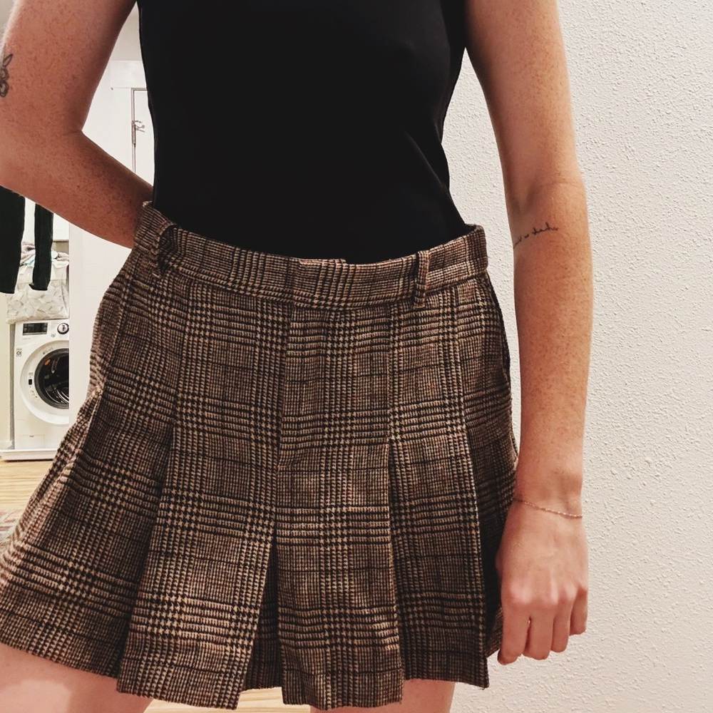 Mango Plaid Pleated Mini Skirt in Brown
